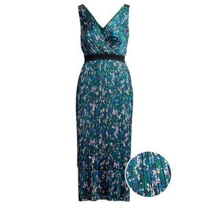 Banana Republic Pleated Tiered Midi Dress Multi color blue green floral 14
